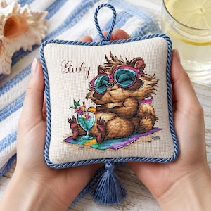 July Raccoon Cross Stitch Pattern PDF, Summer Calendar Series, Funny Beach Needlework Chart