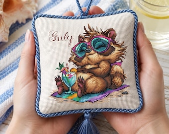 July Raccoon Cross Stitch Pattern PDF, Summer Calendar Series, Funny Beach Needlework Chart