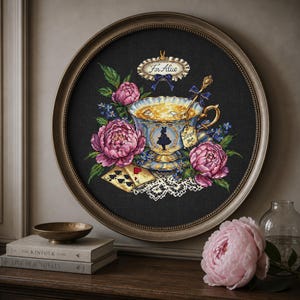 Peut inclure: Une broderie au point de croix encadrée circulairement sur tissu noir représentant une tasse de thé remplie de liquide doré, des pivoines roses, des cartes à jouer et une étiquette marquée Drink me. Une plaque indique For Alice en cursif.