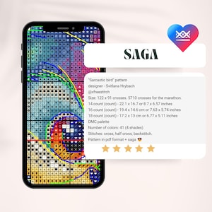 May include: A digital image on a smartphone screen shows a colorful cross-stitch pattern of a bird. The pattern is called "Sarcastic Bird" and was designed by Svitlana Hrybach. The image also includes information about the size of the pattern in different counts, the number of colors, and the stitches used. The pattern is available in PDF format.