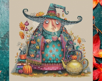 Hexe mit Tee Kreuzstichmuster. Gemütlicher Herbst Stickdatei. -Halloween Witchy Dekor. Hygge Tee Liebhaber Geschenk Nadelspitze Stickmuster