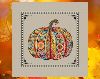 Magical Pumpkin Cross Stitch Pattern. Autumn Fall Embroidery Sampler with Beads. Halloween Thanksgiving PDF Chart
