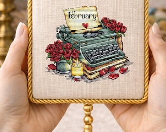 February Calendar Cross Stitch Pattern, Vintage Typewriter Valentine, Monthly Embroidery PDF