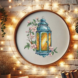 Floral Lantern cross stitch pattern, PDF embroidery pattern, digital download, flower lantern design, vintage botanical stitching