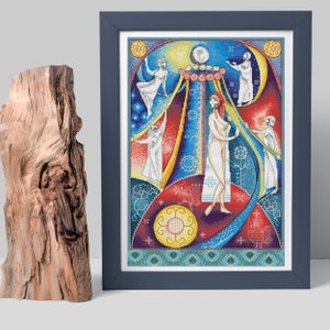 May include: A framed cross-stitch artwork with a dark blue frame. The artwork features a colorful, stylized depiction of figures in white robes and a central figure. The color palette includes blues, reds, yellows, and whites, creating a vibrant and detailed composition.