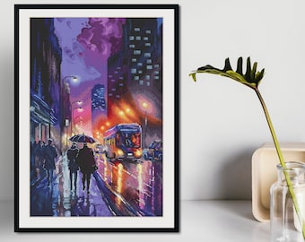 Romantic City Cross Stitch Pattern. Couple in Rain Digital Pattern. Night Lights Urban Landscape Embroidery. Modern Art Needlepoint Chart
