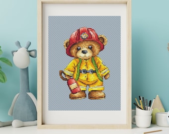 Firefighter Teddy Bear Cross Stitch Pattern, Cute Fireman Bear Nursery Decor, Kids Room Animal Embroidery, Digital Download Needlework Chart