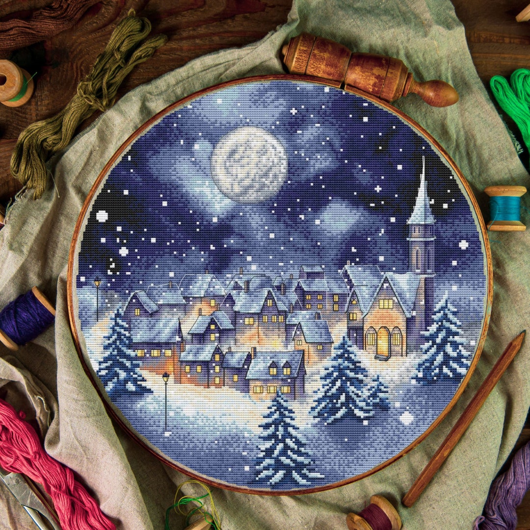 Winter Village Cross Stitch Pattern Christmas Snowy Town Night ...