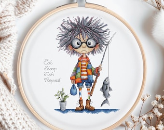 Funny Fishing Cross Stitch Pattern Boy Fisherman Quote Cute Quirky Character Embroidery Gift Hobby Needlework Chart