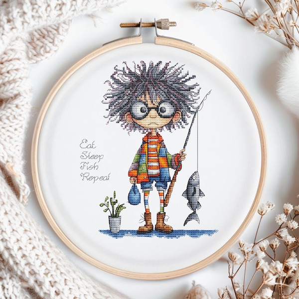 Patrón de punto de cruz del pequeño pescador: Bordado divertido para niño (Patrón en PDF)