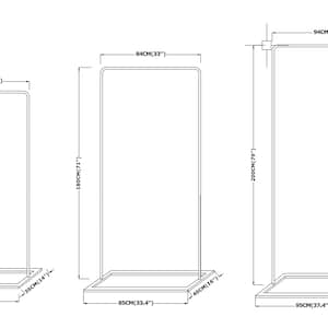 May include: Three different sizes of black metal garment racks with a square base. The racks are 29.4 inches, 33.4 inches, and 37.4 inches wide. The heights are 63 inches, 71 inches, and 79 inches.