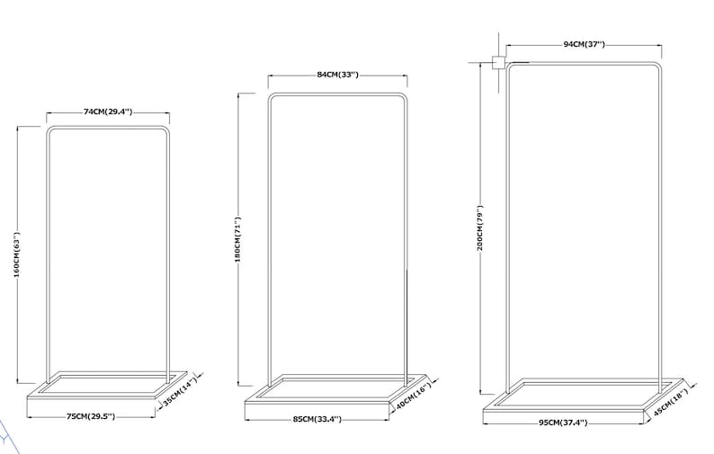 May include: Three different sizes of black metal garment racks with a square base. The racks are 29.4 inches, 33.4 inches, and 37.4 inches wide. The heights are 63 inches, 71 inches, and 79 inches.