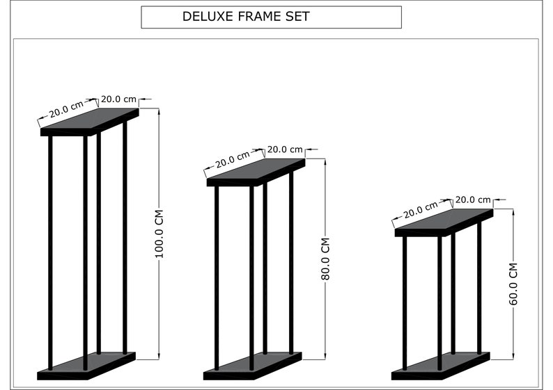 May include: A set of three black metal frames with different heights. The frames are 20 inches wide and 100, 80, and 60 inches tall.