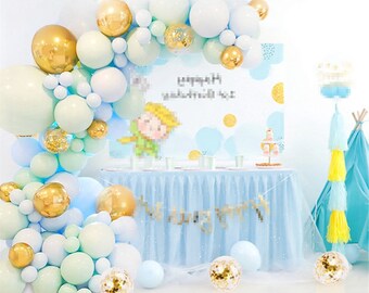 Kit DIY pour arche de ballons | Macaron Blu, vert confetti, or|Guirlande de ballons pour fête, mariage, anniversaire 126 pièces