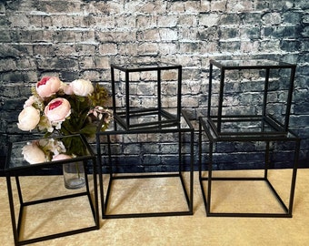 Black Metal Flower Cubes , Cake separator, for weddings centrepiece and functions 10,15,19,22,25,28,31 CM with mirror / WHITE acrylic tops