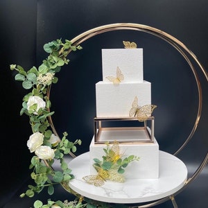 Gold/silver/white and black - 70 cm Double Hoop Metal Tall Centerpiece Geometric Cake Stand with white marble or glass mirror plates SALE!!