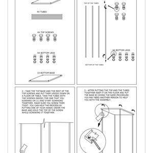 May include: Black and white assembly instructions for a deluxe frame. The instructions show how to assemble the frame using a top base, four tubes, four top screws, four bottom legs, and a bottom base. The instructions include illustrations of each step.