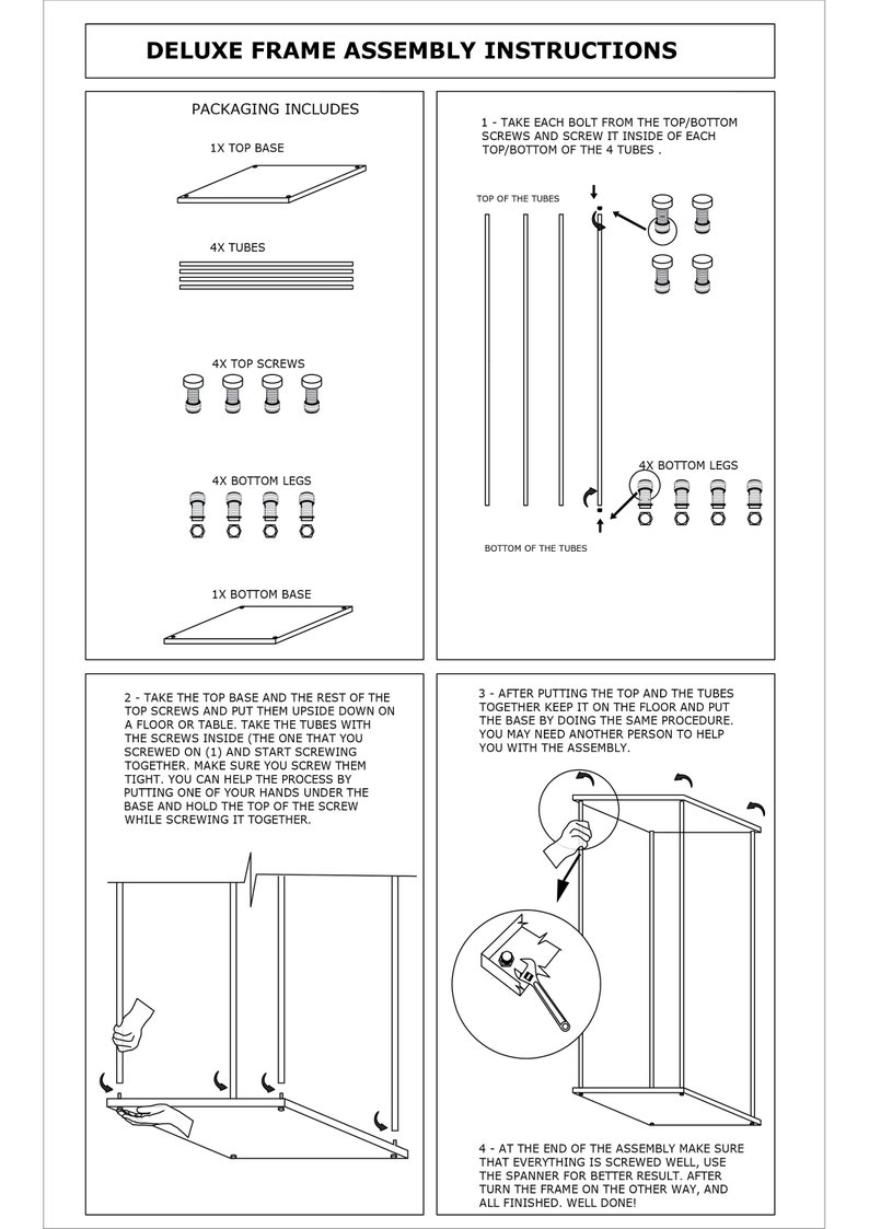 May include: Black and white assembly instructions for a deluxe frame. The instructions show how to assemble the frame using a top base, four tubes, four top screws, four bottom legs, and a bottom base. The instructions include illustrations of each step.