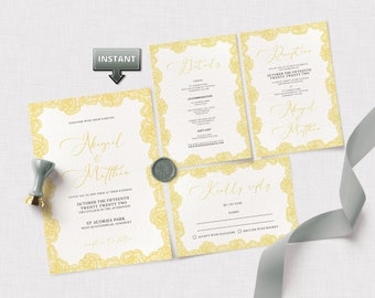 Yellow Floral Frame Wedding Invitation Template Suite - Line Drawn Flowers - Gold/Yellow Invitation - INSTANT DOWNLOAD - Customise and Print