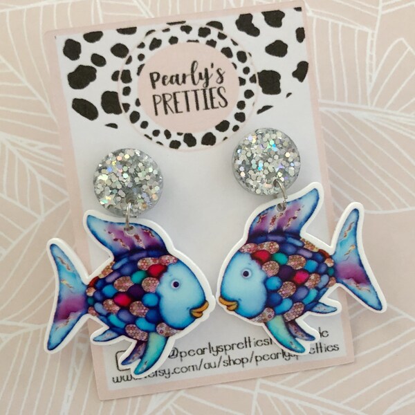 Bright fun colourful fish teacher book character dangle stud earrings novelty gift Mother's day present