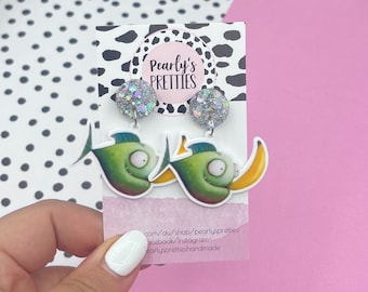 Bright fun teacher book character dangle stud earrings novelty  piranha banana