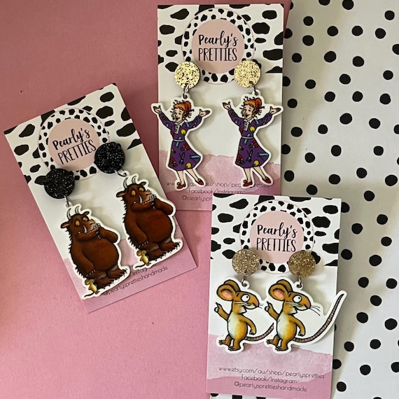 teacher book character dangle earrings - novelty - brown creature, mouse character, magic bus, gift  present -Book week earrings