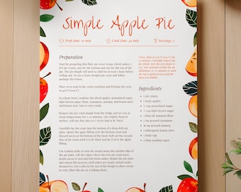 May include: A Simple Apple Pie recipe sheet with apple and leaf illustrations. The recipe details prep and cook times, and a list of ingredients. Red apples and a woven basket are visible in the background, on a wooden surface.