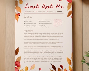 Puede incluir: Una receta de "Simple Apple Pie" en papel crema, decorada con hojas y manzanas de acuarela. La receta incluye ingredientes y pasos de preparación. Dos cestas de manzanas rojas y vegetación sobre una superficie de madera.