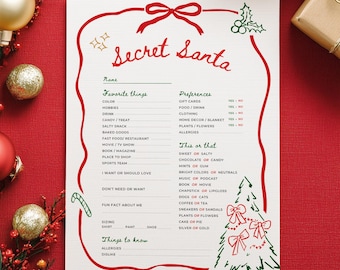 May include: A festive Secret Santa questionnaire on a white background with red and green accents. The form includes sections for favorite things and preferences, with a Christmas tree illustration. Ornaments and wrapped gifts are in the background.