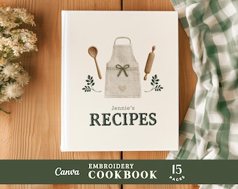 Embroidered Custom Name Recipe Book Binder, Digital Vintage Family Kitchen Personalized Cookbook, Canva Template
