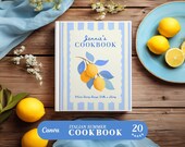 Italian Summer Custom Recipe Book Binder, Blue Vintage Lemons Family Personalized Cookbook, Canva Template