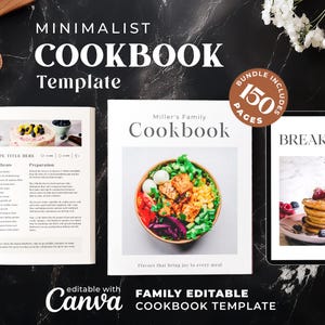 Puede incluir: Una plantilla de libro de cocina minimalista con una barra de título marrón que dice "Miller's Family Cookbook". La plantilla incluye 150 páginas y es editable con Canva. La imagen muestra una página de muestra con una receta de ensalada con una mezcla colorida de verduras e ingredientes.