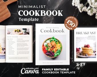 May include: A minimalist cookbook template with a brown title bar that says "Miller's Family Cookbook". The template includes 150 pages and is editable with Canva. The image shows a sample page with a recipe for a salad with a colorful mix of vegetables and ingredients.