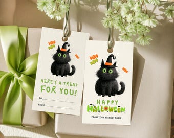 Halloween Canva Editable Black Cat Kids Gift Tags | Personalized Boo Basket Favor Treat Tags