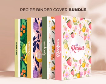 May include: A set of five colorful recipe binder covers with different fruit and floral patterns. The covers feature the text "Recipes" and "My Recipes".