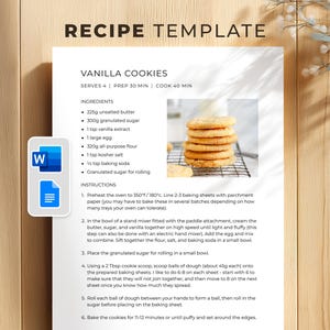 Op de afbeelding: Een receptsjabloon voor vanillekoekjes, met ingrediënten en instructies. Het recept bevat metingen in grammen en Celsius. Een stapel goudbruine koekjes staat op een rooster in de afbeelding. Het document heeft een Word- en Google Docs-pictogram.