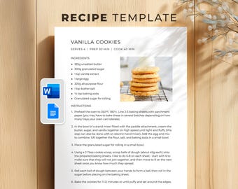 Minimalistische Rezeptvorlage Bearbeitbar mit Google Docs & Microsoft Word, saubere Kochbuchseite (digitaler Download)