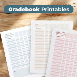 May include: Three printable gradebook templates with different colour schemes: blue, beige, and pink. Each template has sections for subject, date, student name, and a grid of boxes for recording grades.
