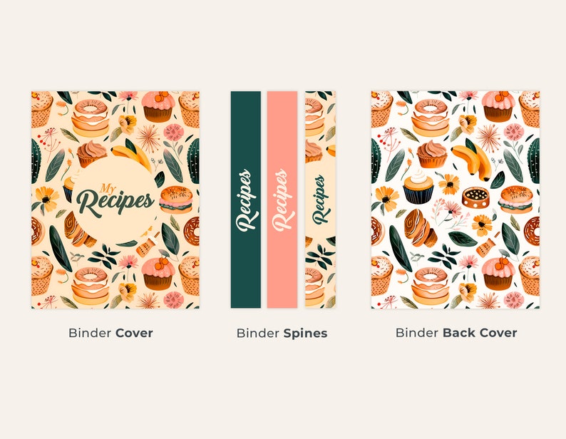 Recipe Binder Cover + Bonus Recipe Template includes Binder cover, Spines and Back Cover