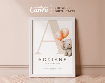 Minimalist Elephant Baby Birth Stats Poster: Canva Editable Newborn Print (Digital Download)