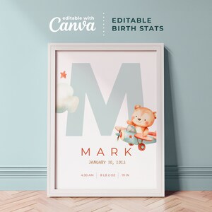 Minimalist New Baby Birth Stats Personalized with Canva Printable Poster | Newborn Gift, Editable Birth Stats, Baby Shower Gift