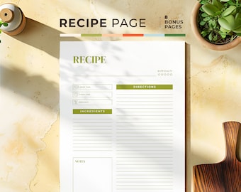 Blank Recipe Page Printable: Kitchen Recipe Book Design, Letter and A4 PDF (Digital Download)