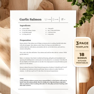 Receta minimalista editable con plantilla de receta de MS Word y Google Docs / Receta imprimible, Plantilla de receta elegante editable + páginas de bonificación