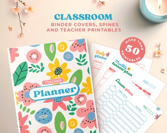 Classroom Binder Covers and Spines, Editable Groovy Retro Teacher Organization with Canva, Printable PDF Gradebook Pages, Teacher Planner