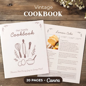 Puede incluir: Un libro de cocina vintage abierto con una receta de pastel de limón. La portada dice "Our Family Cookbook" con ilustraciones de utensilios de cocina. El fondo es de madera. El texto "Flavors That Bring Joy to Every Meal" está en la parte inferior. El libro tiene 20 páginas.