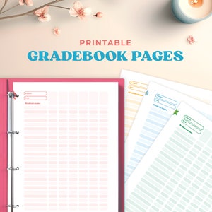 May include: Printable gradebook pages in pink, blue, and green with a binder and a title that says "Printable Gradebook Pages".