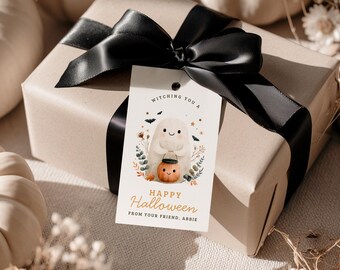 Witching You A Happy Halloween Canva Gift Tag, Editable Boho Favor Treat Tags, Boo Basket