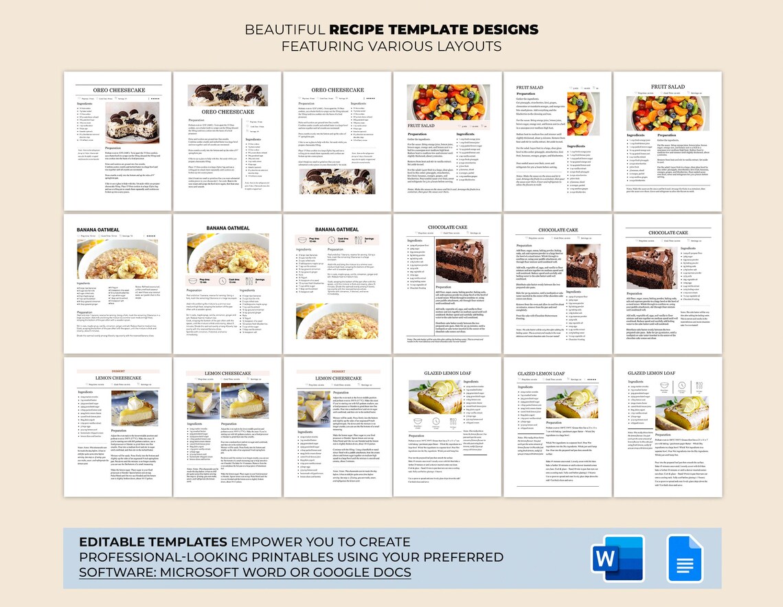 Active Format Recipe Editable Recipe Template Bundle: Minimalist MS Word & Google Docs ...