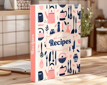 Recipe Binder Cover + Bonus Recipe Template - Pink Kitchen Utensils Binder Kit, Recipe Book Cover, Binder Spine and Dividers, Printable PDF