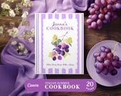 Grape Summer Custom Recipe Book Binder, Purple Vintage Family Personalized Cookbook, Editable Canva Template